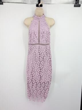 Bardot Gemma Halter Lace Sheath Dress Lilac Womens 6 Open Back Midi Guest Resort